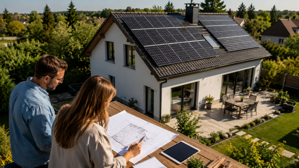 Haus mit PV-Anlage und zwei Gutachtern