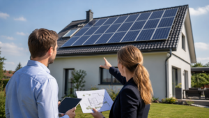 Beitragsbild zum "Photovoltaik planen: Worauf Hausbesitzer vor der Installation achten sollten", auf dem zwei Menschen mit Bauplan eine Photovoltaikanlage anschauen.