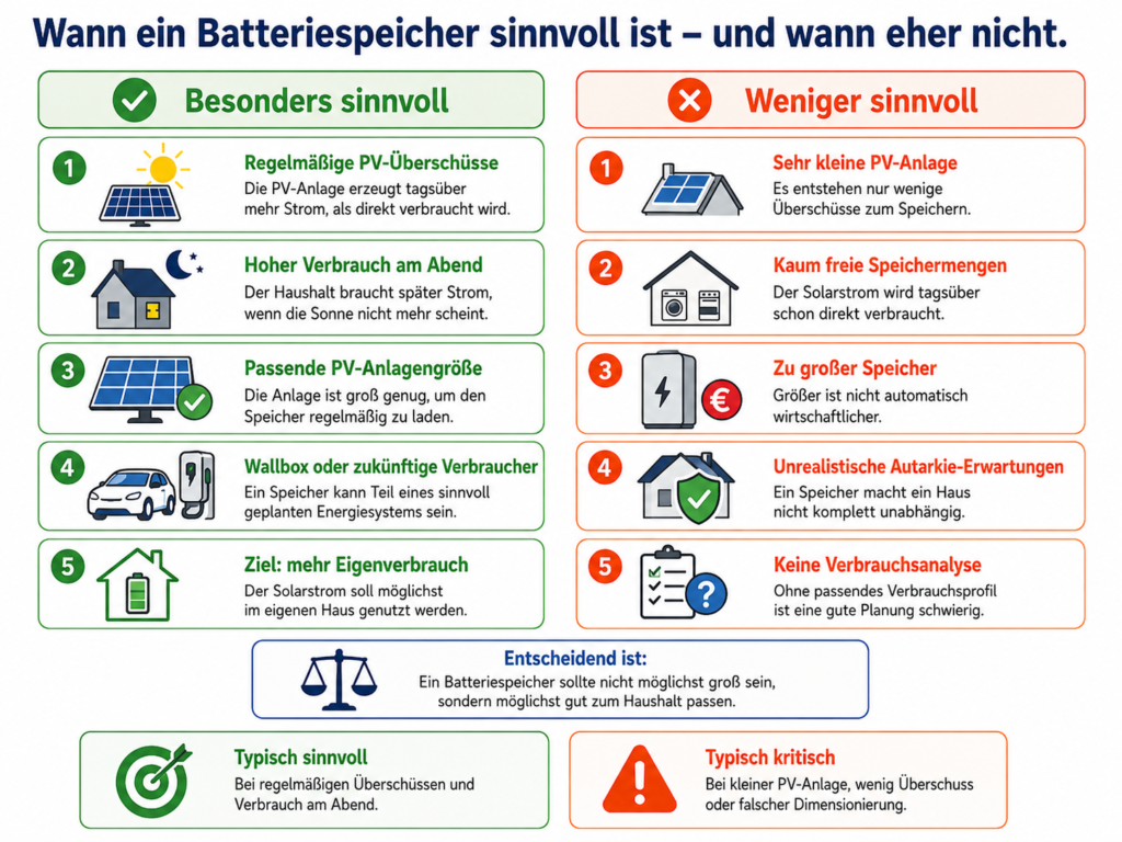 Ein Erkärbild zu wann ein Batteriespeicher sinnvoll sein kann und wann nicht