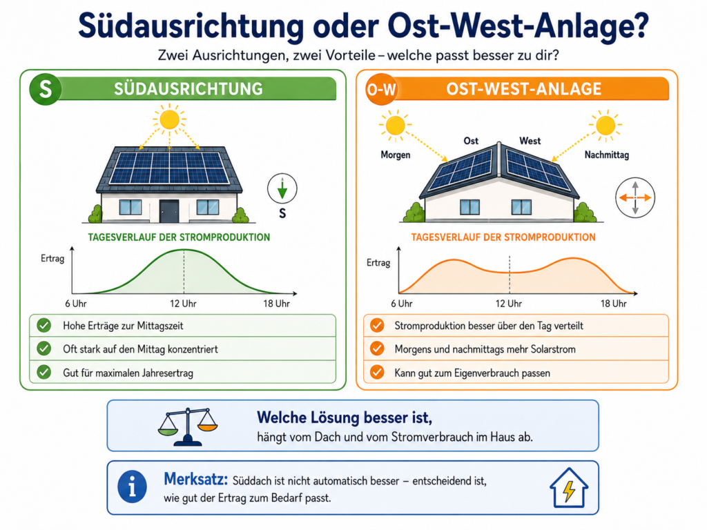 Ein Bild das erklärt, ob eine Südausrichtung oder Ost-West-Anlage am sinnvollsten ist