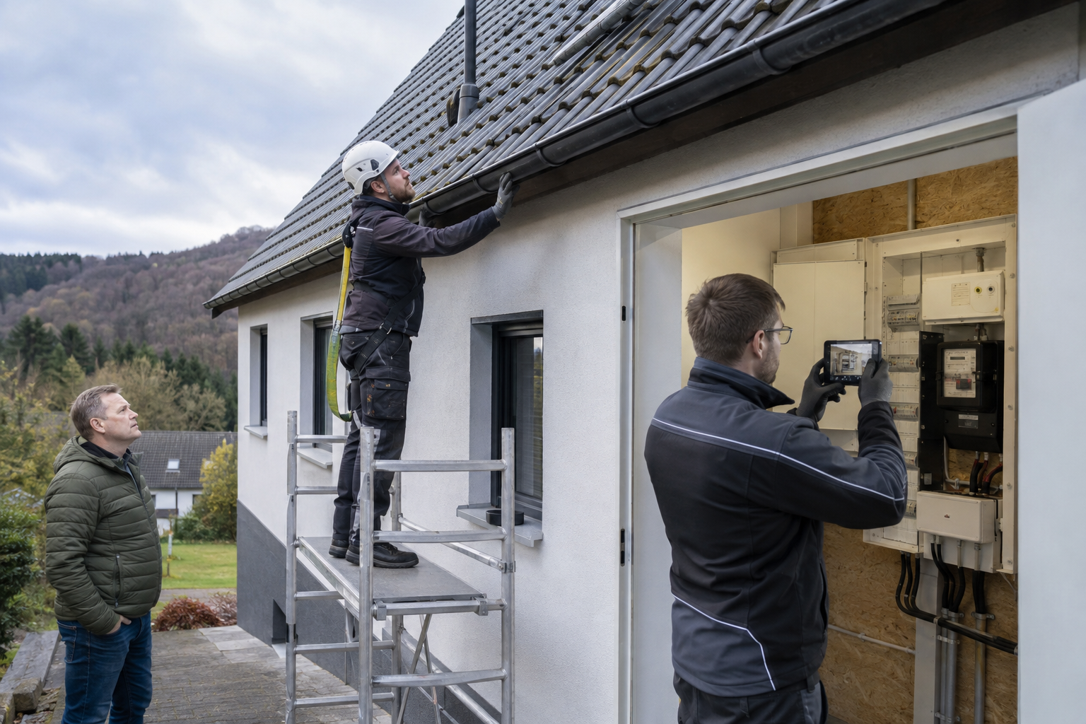 Fachkräfte prüfen Dach und Zählerschrank eines Einfamilienhauses vor der Photovoltaikinstallation.