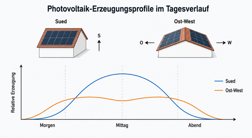 Diagramm vergleicht den Tagesverlauf einer Südanlage und einer Ost-West-Anlage